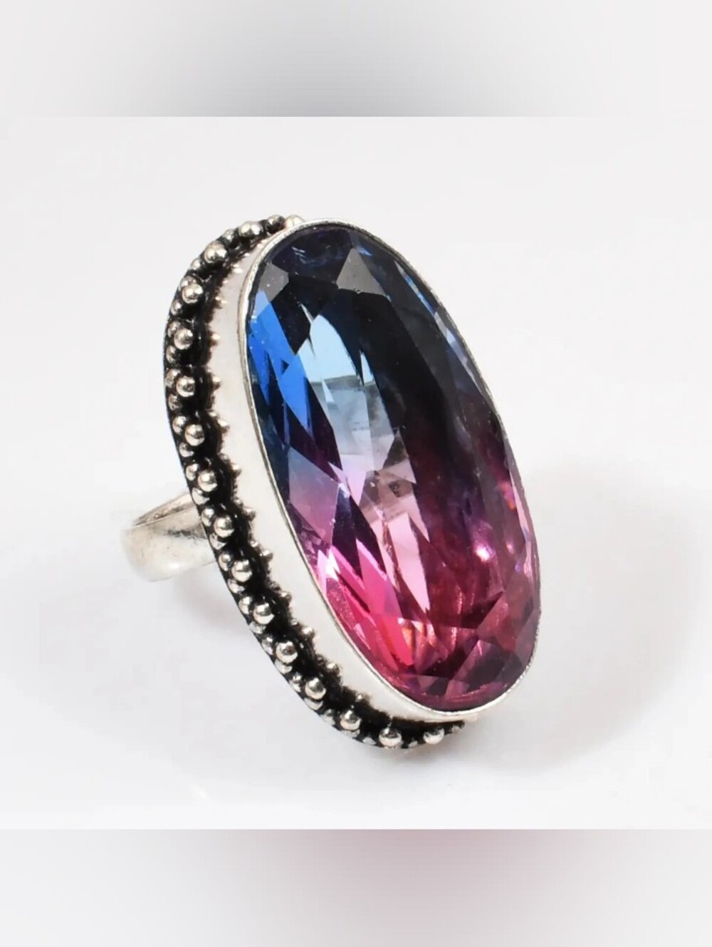 Bi-Color Tourmaline Silver Statement Ring Size 8